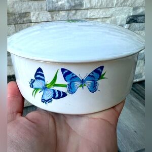 Blue Butterfly Trinket Dish Ceramic Jewelry Box Shabby FTD Cottagecore Vintage